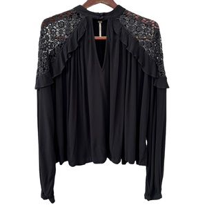 Free People Women Crochet Trim V Neck Long Sleeve Blouse Medium Black